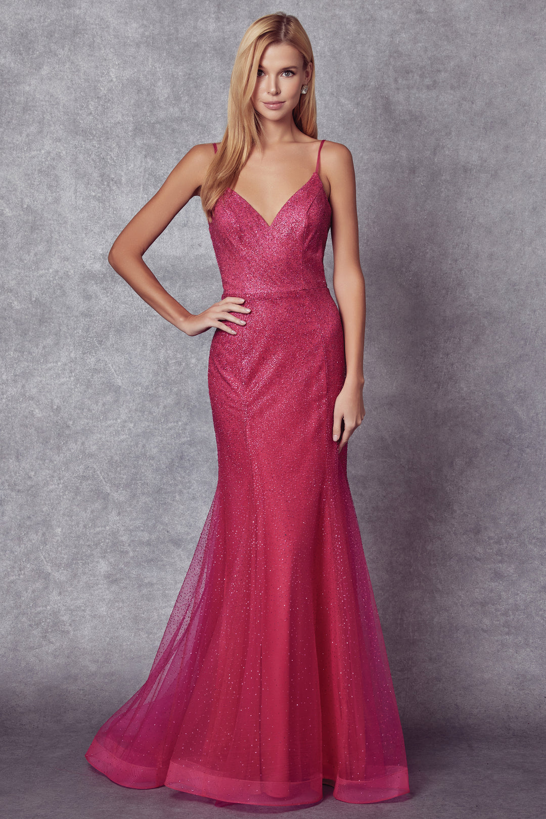 JULIET 271 Glitter Mesh Fitted Evening Gown