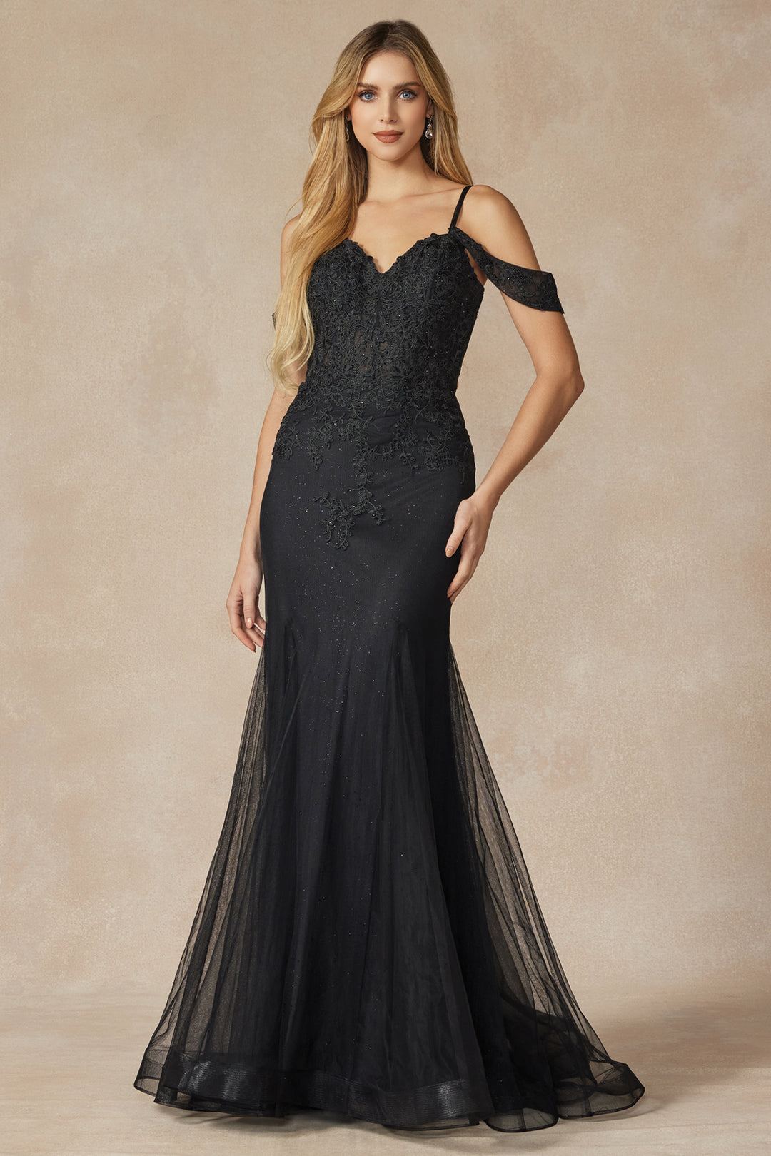JULIET 281 Long Mesh Gown with Off-Shoulder Sleeves and Mermaid Skirt