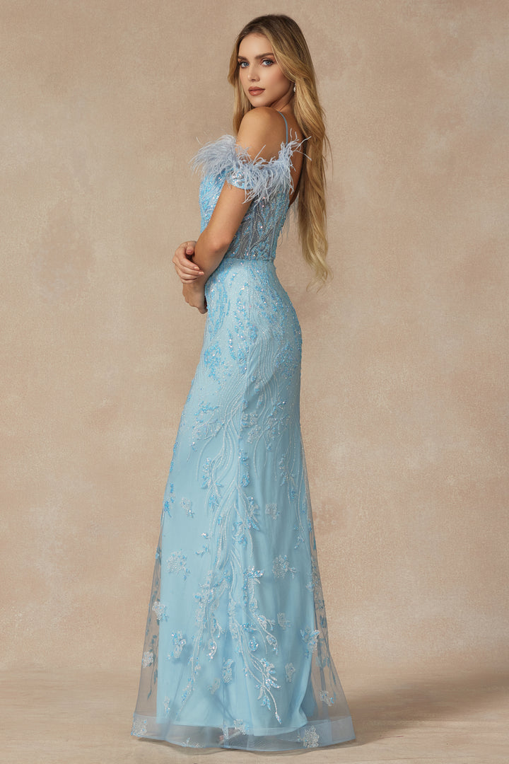 JULIET 288 Fully Glitter Gown with Corset Bodice, Feathers Off-Shoulder Dress