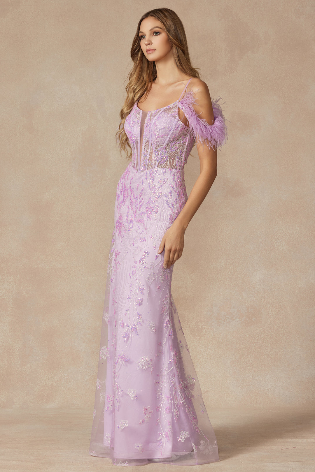 JULIET 288 Fully Glitter Gown with Corset Bodice, Feathers Off-Shoulder Dress