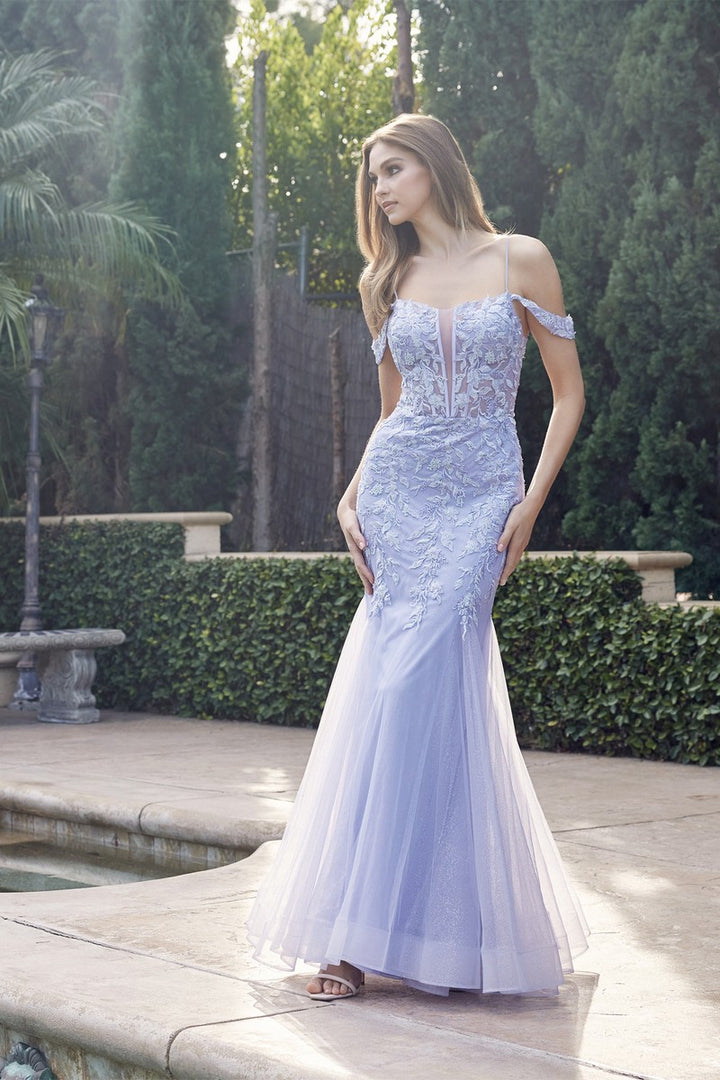 JULIET 290 Leaf Lace Embroidered Fitted with Plunging Deep V-Neck Gown