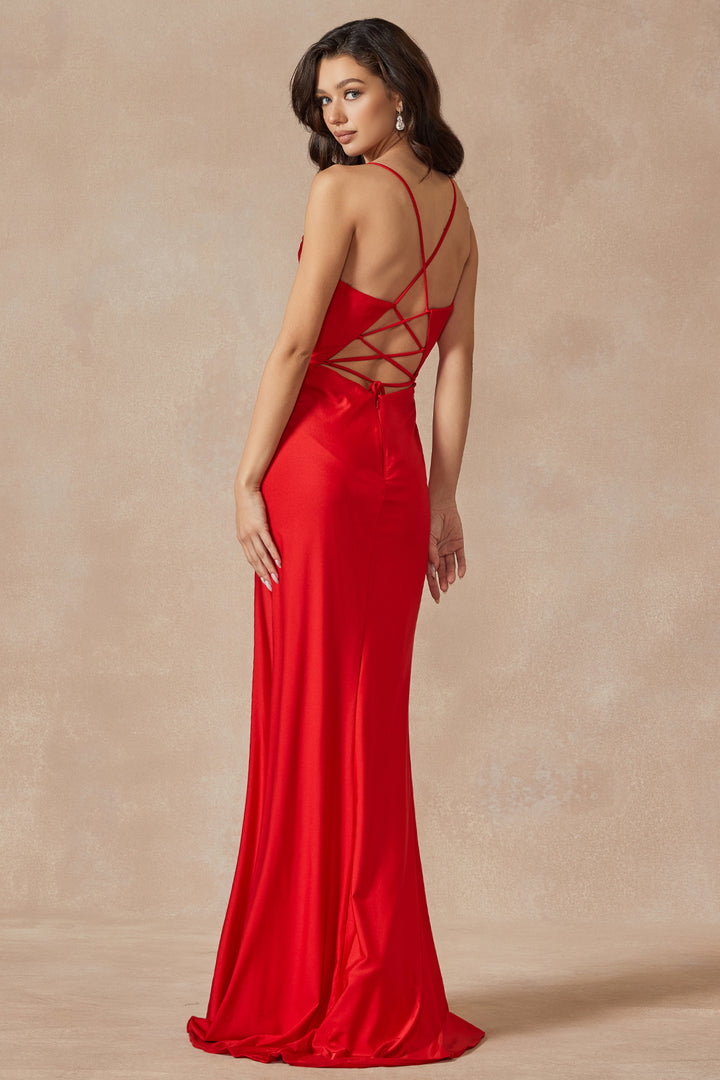JULIET 291 Cowl Neck with Corset Top Stretched Satin Gown