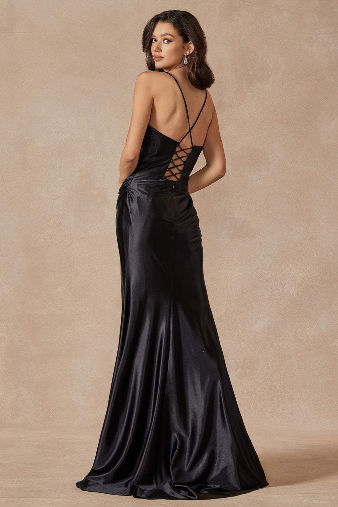 JULIET 299 Deep V-Illusion-Neckline Fitted Gown and Ruched Jersey Skirt with Slit