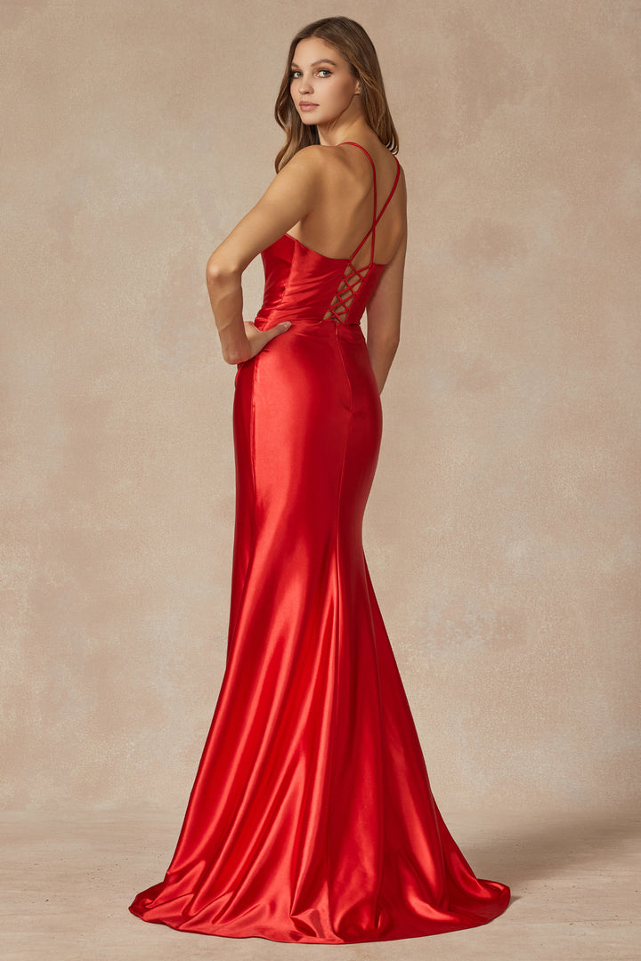 JULIET 299 Deep V-Illusion-Neckline Fitted Gown and Ruched Jersey Skirt with Slit