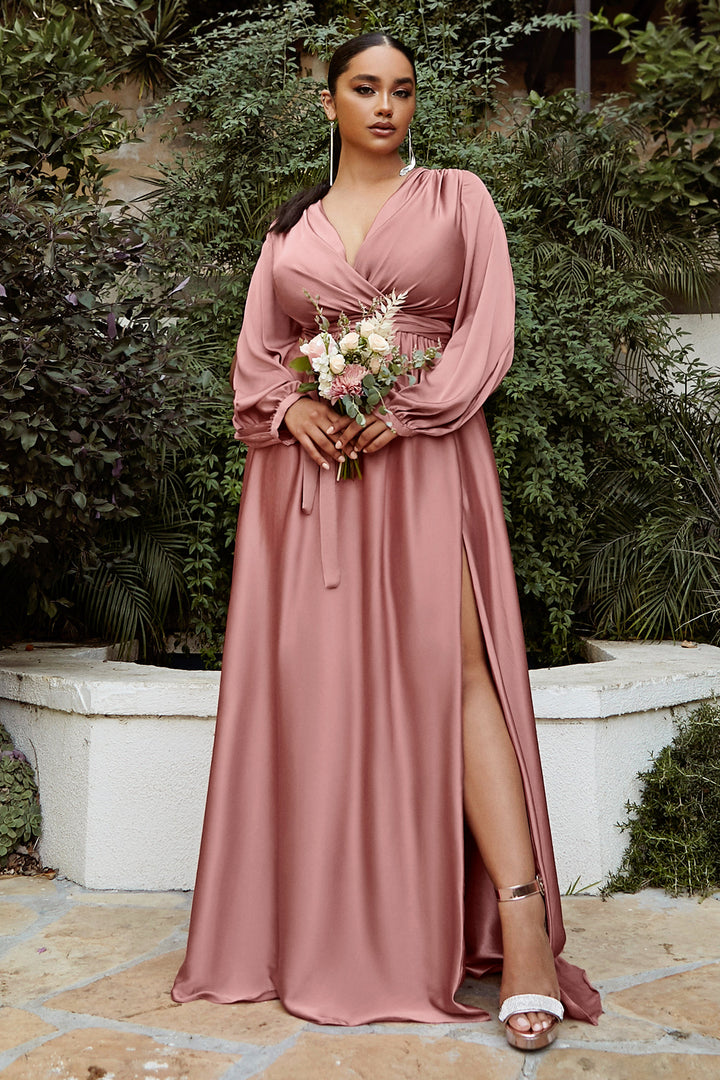 CINDERELLA DIVINE 7475C Plus Size Long Sleeve V Neck Satin Dress with High Slit