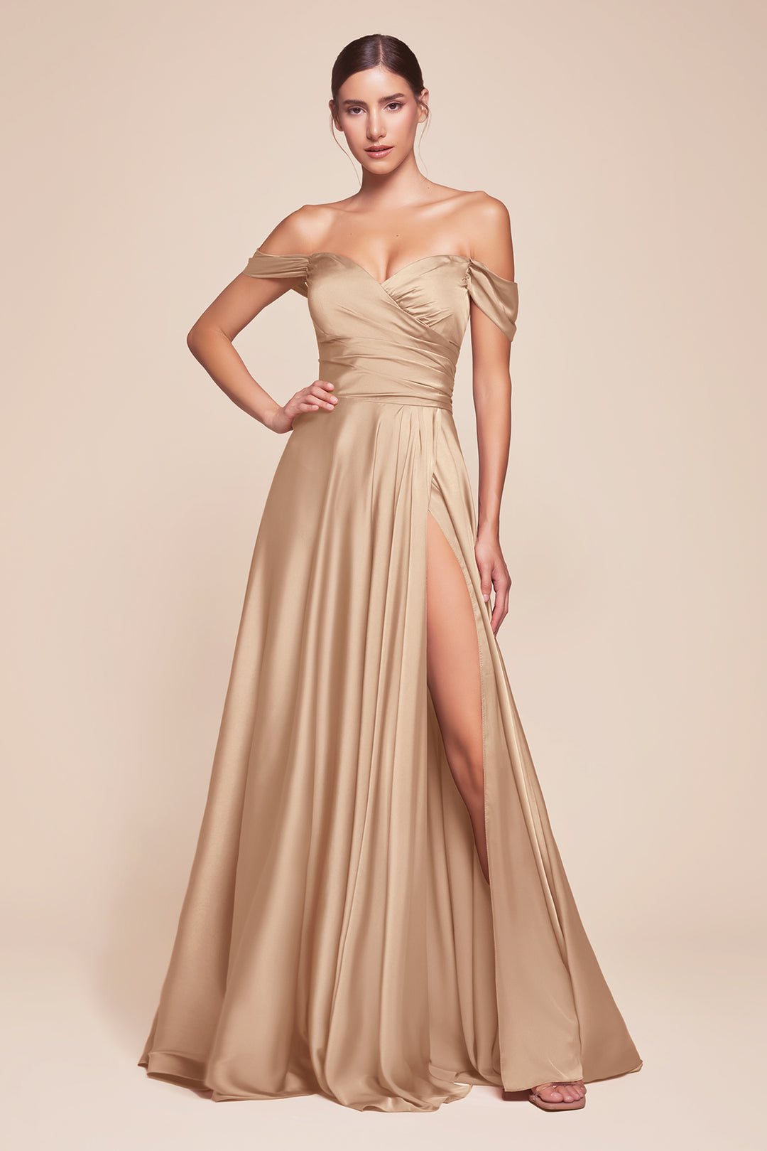 CINDERELLA DIVINE 7493C Plus Size Sweetheart Off-Shoulder A-Line Satin Evening Dress