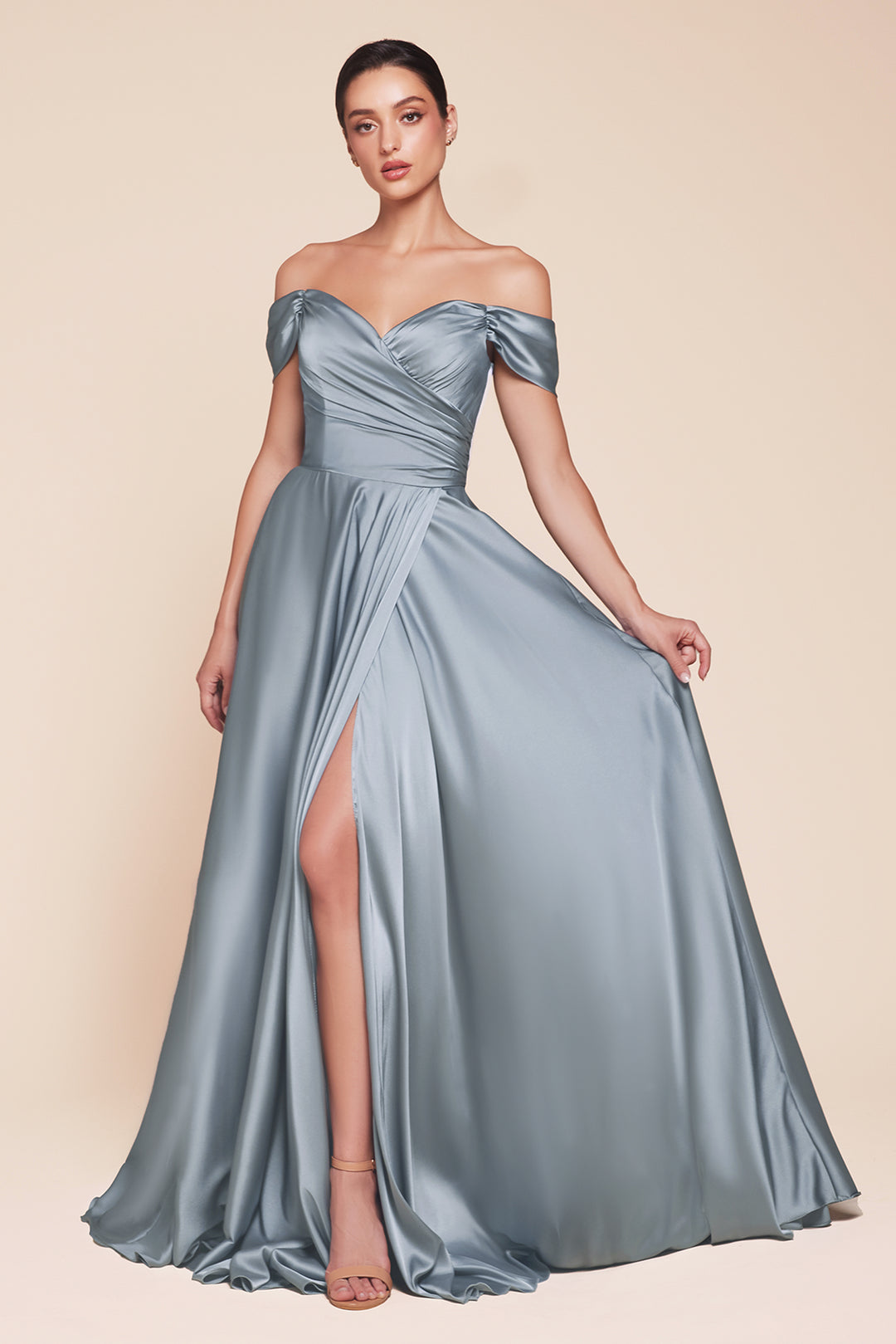 CINDERELLA DIVINE 7493C Plus Size Sweetheart Off-Shoulder A-Line Satin Evening Dress