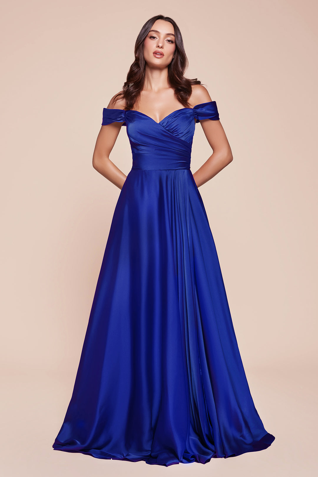 CINDERELLA DIVINE 7493C Plus Size Sweetheart Off-Shoulder A-Line Satin Evening Dress