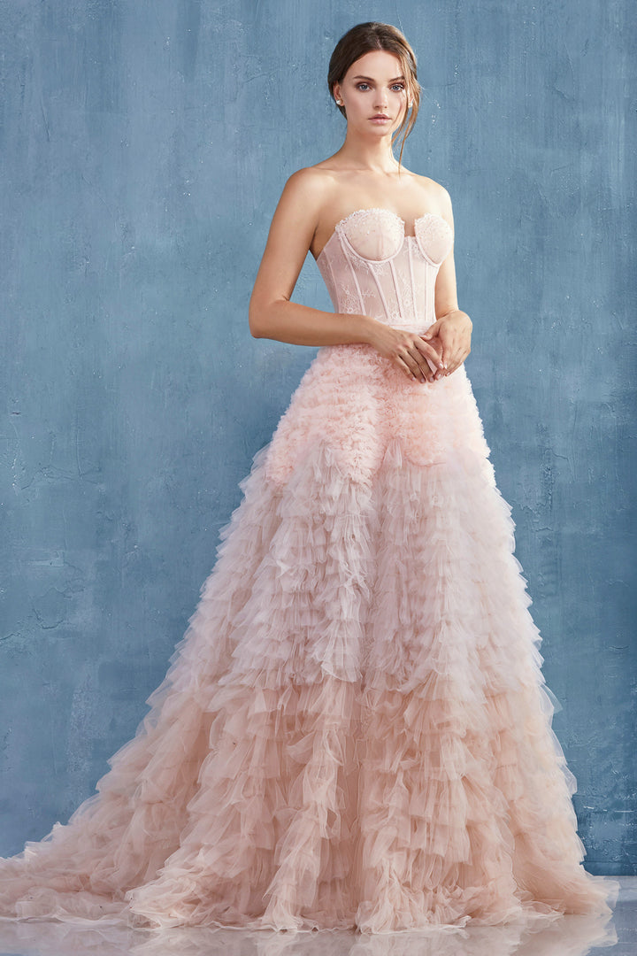 ANDREA & LEO A0767 Strapless Bodice Ruffled Ombre Ball Gown Dress