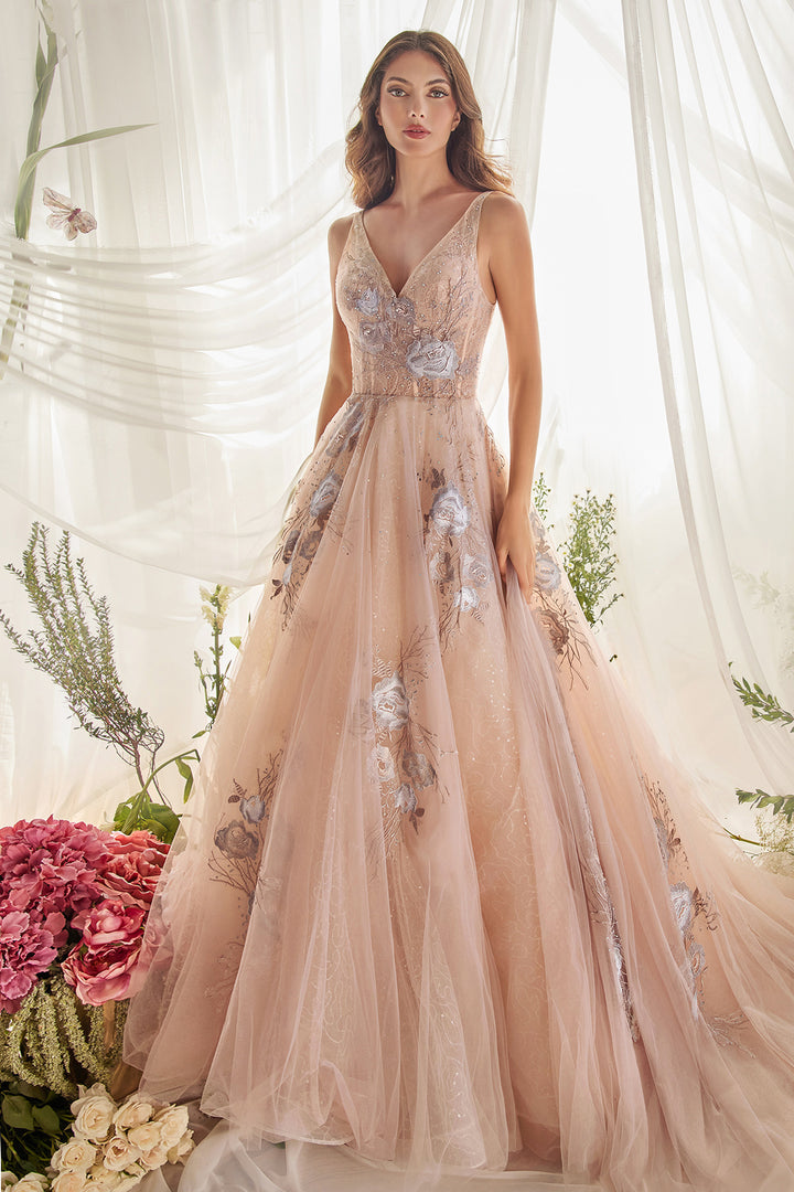 ANDREA & LEO A0893 Floral Embroidered A Line Dress