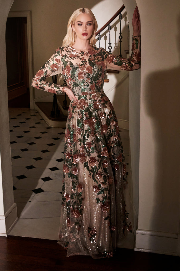 Floral long sleeve gown best sale