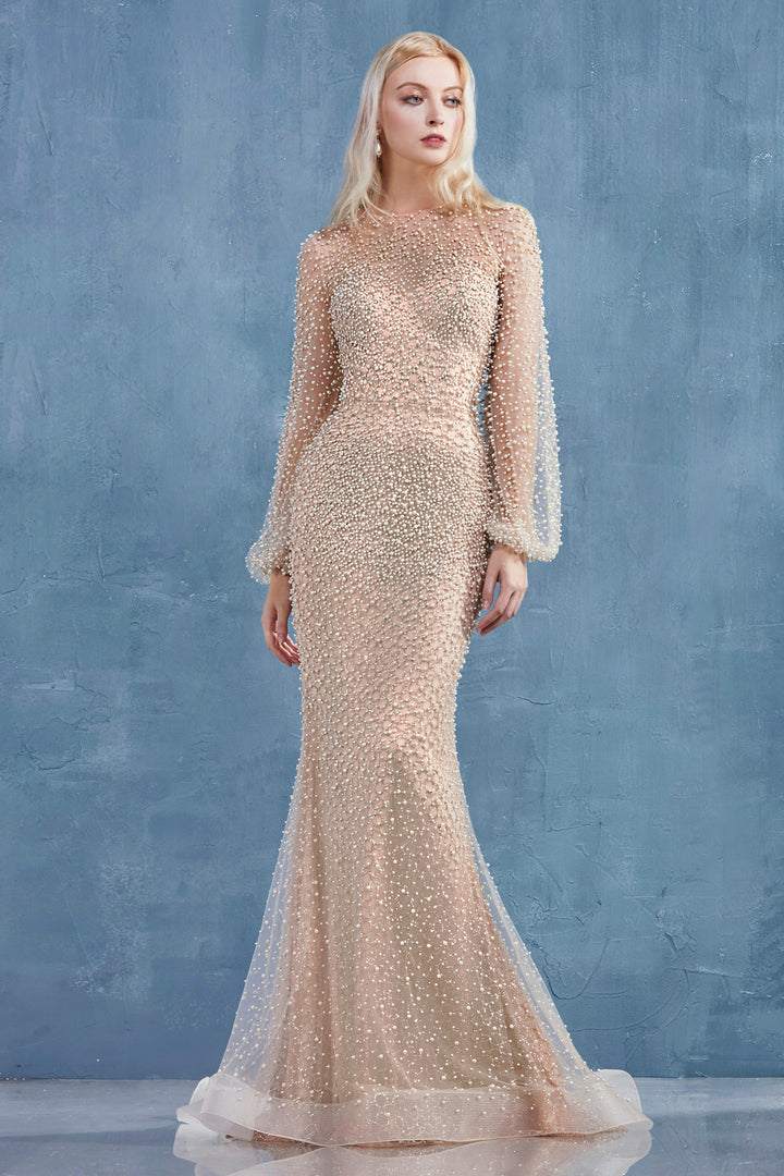 ANDREA & LEO A0997 Pearl Beaded Long Sleeve Trumpet Dress