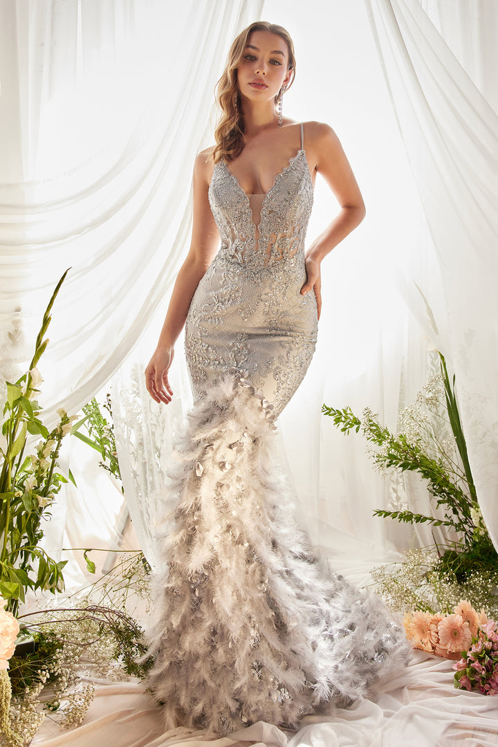 ANDREA & LEO A1116 Glitter Deep V-Neck Feather Mermaid Dress