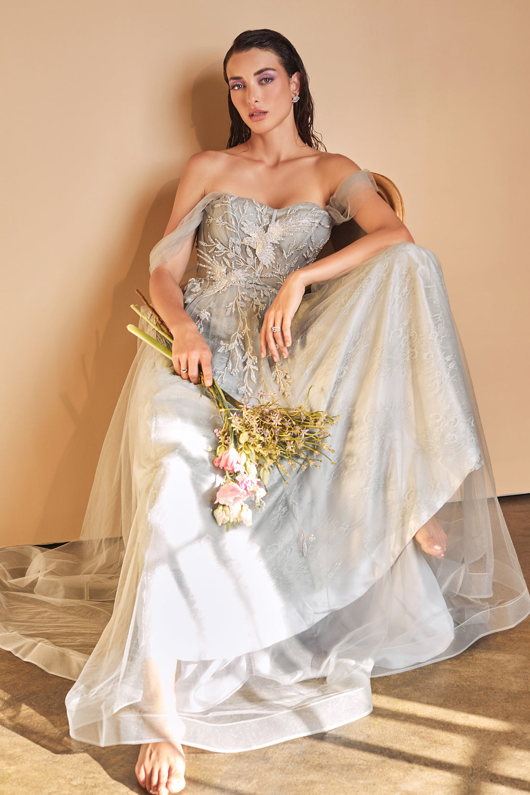 ANDREA & LEO A1149 Embellished Off Shoulder Tulle A Line Dress