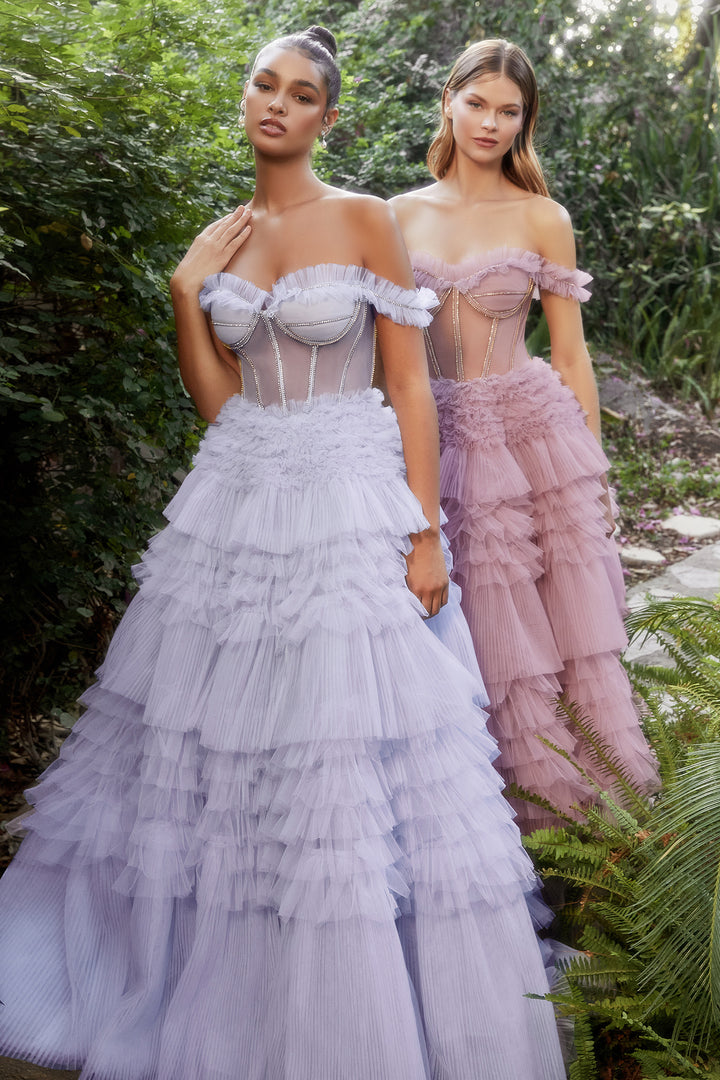 ANDREA & LEO A1150 Off Shoulder Bodice Riffle Tiered Ball Gown Dress