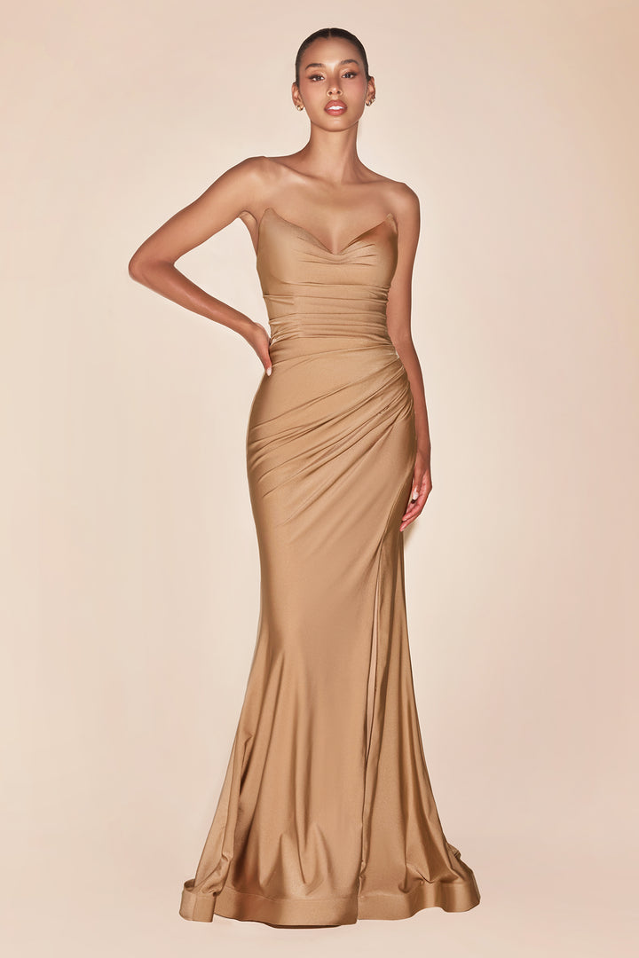 CINDERELLA DIVINE CD791 Strapless V-neck Satin Fitted Dress