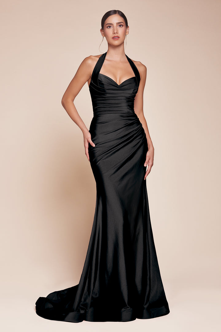 CINDERELLA DIVINE CD796 Halter Stretch Satin Fitted Dress