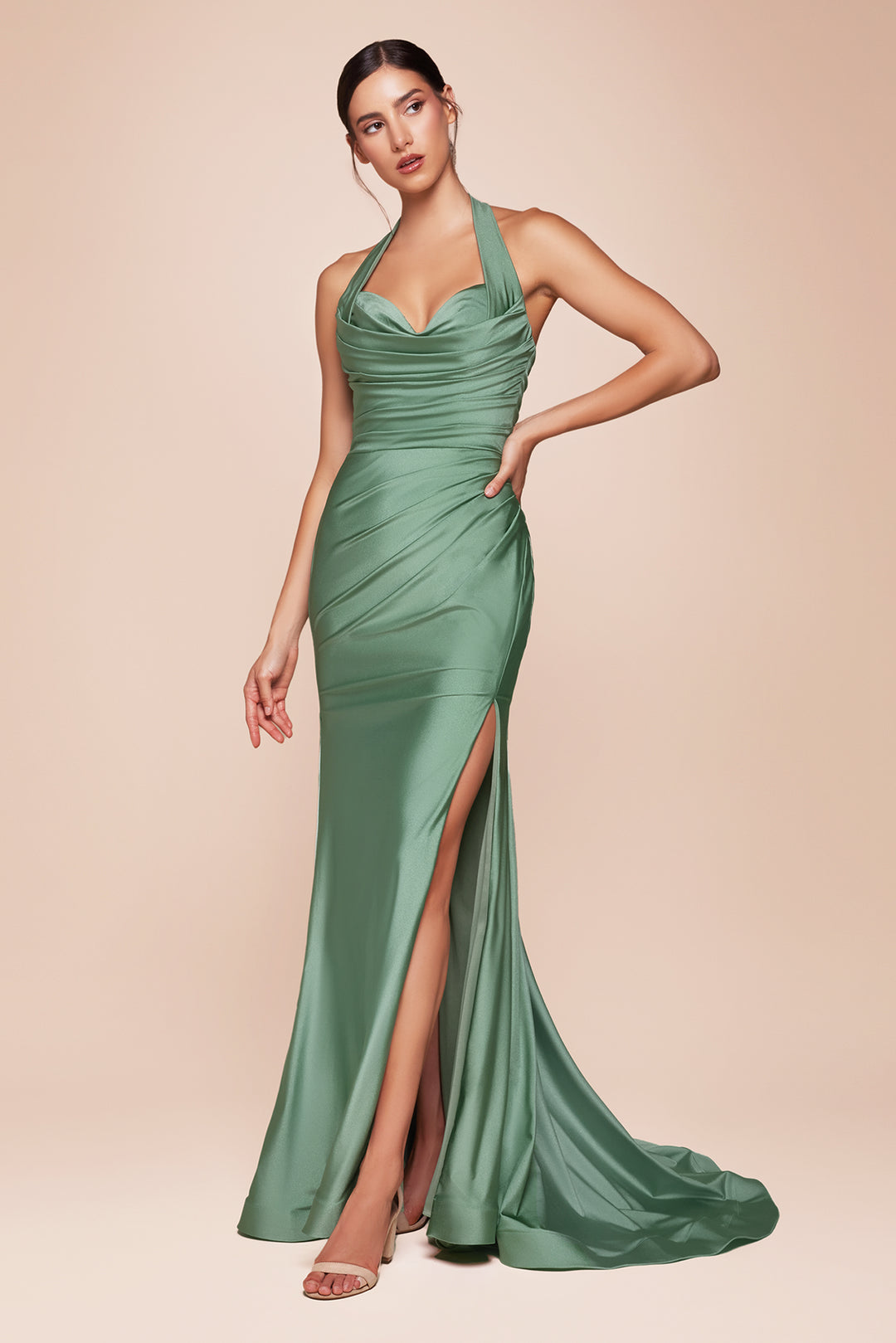 CINDERELLA DIVINE CD796 Halter Stretch Satin Fitted Dress