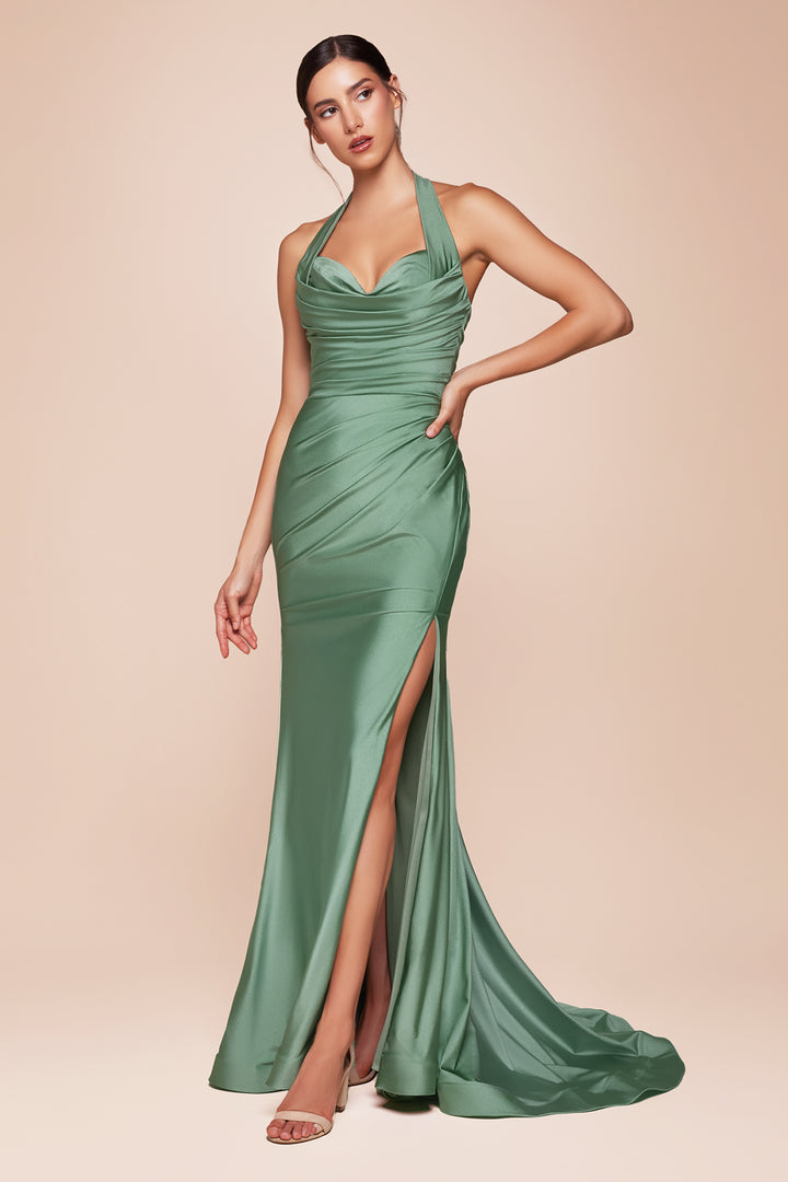 CINDERELLA DIVINE CD796 Halter Stretch Satin Fitted Dress