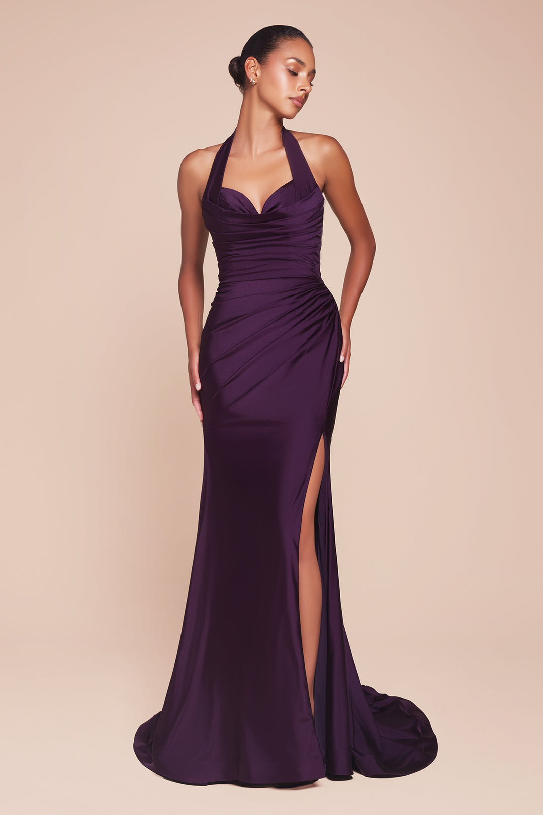 CINDERELLA DIVINE CD796 Halter Stretch Satin Fitted Dress