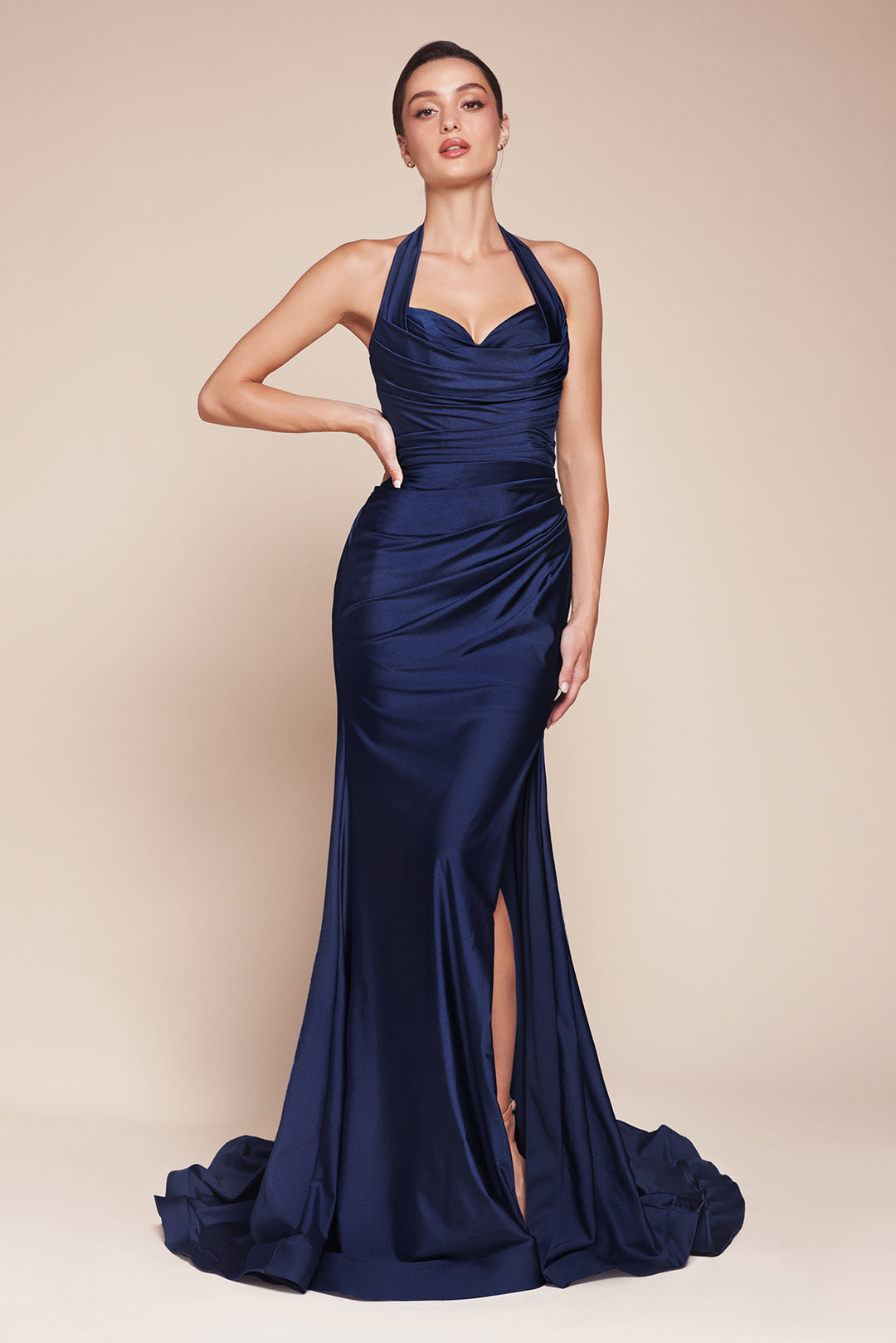 CINDERELLA DIVINE CD796 Halter Stretch Satin Fitted Dress