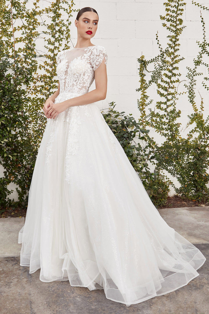 CINDERELLA DIVINE  A1082W Lace Applique Sofian Short Sleeve A-Line Bridal Gown
