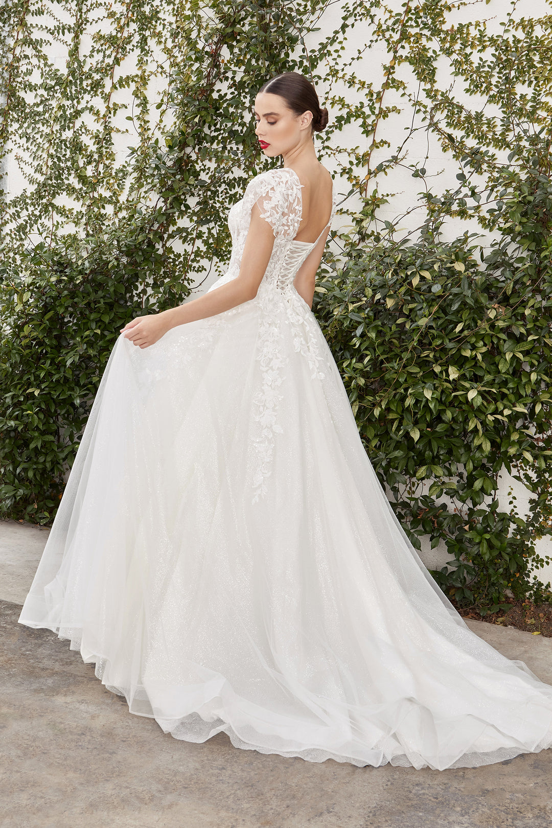 CINDERELLA DIVINE  A1082W Lace Applique Sofian Short Sleeve A-Line Bridal Gown