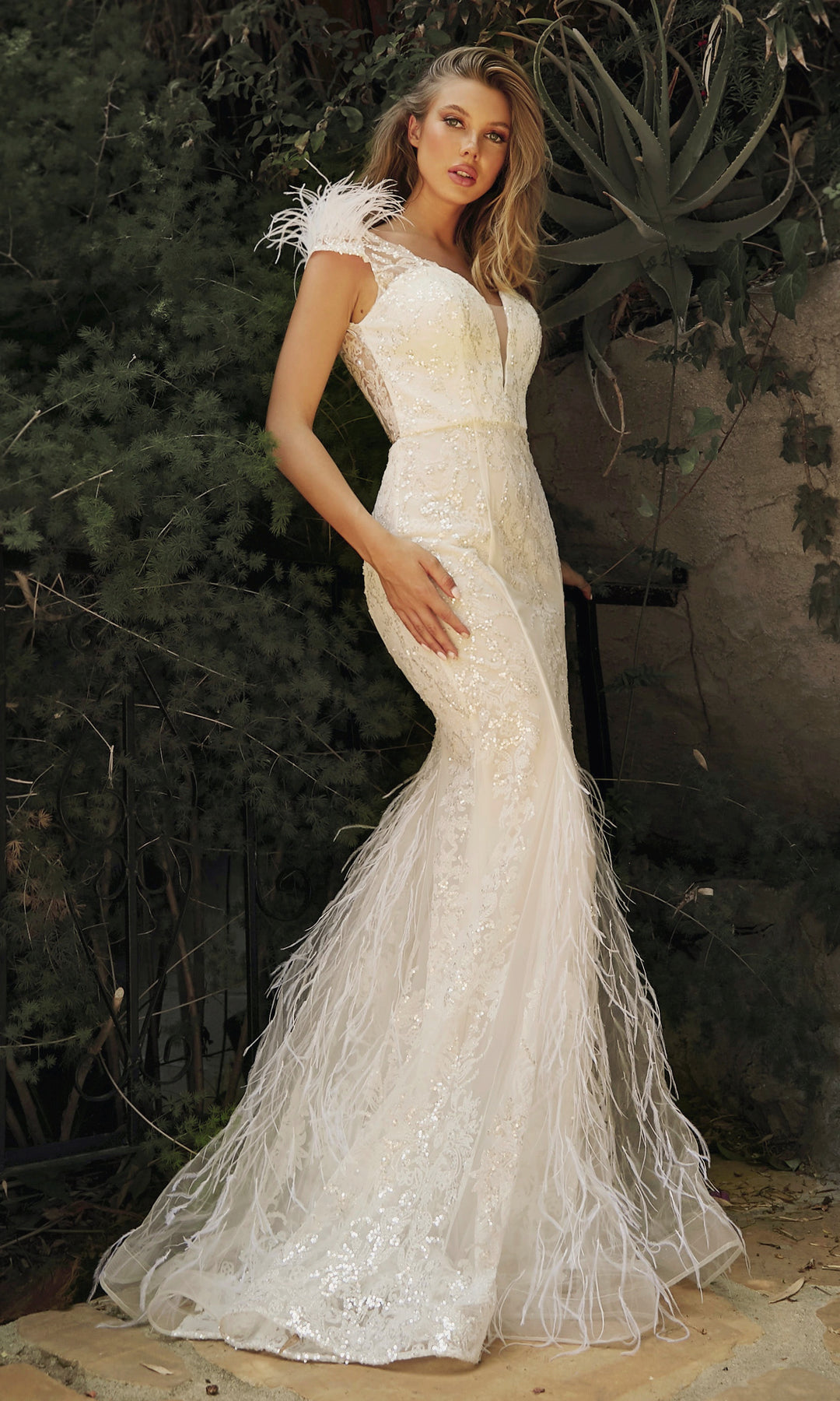CINDERELLA DIVINE C57W Embellished Feather Mermaid Bridal Gown