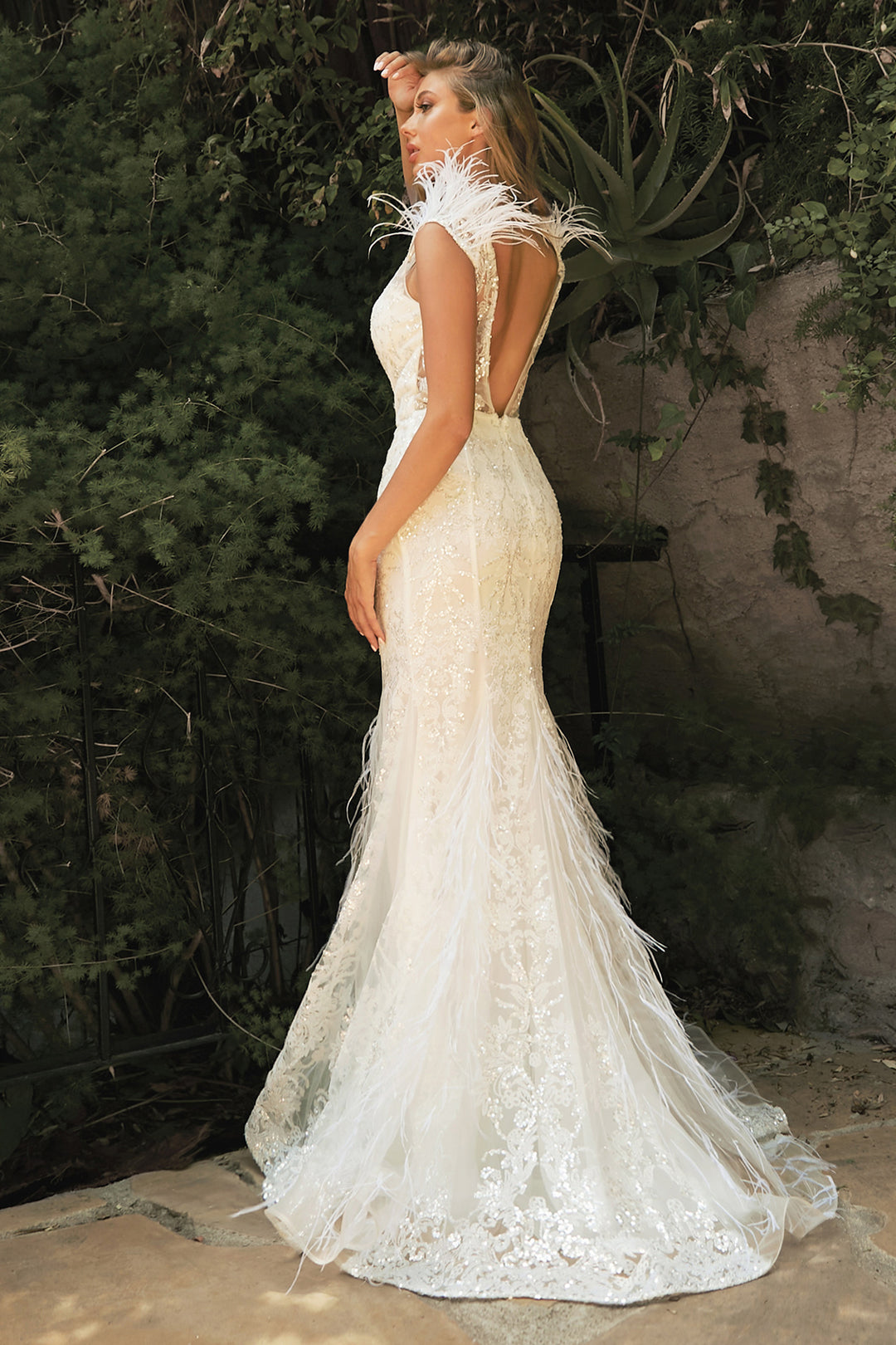 CINDERELLA DIVINE C57W Embellished Feather Mermaid Bridal Gown