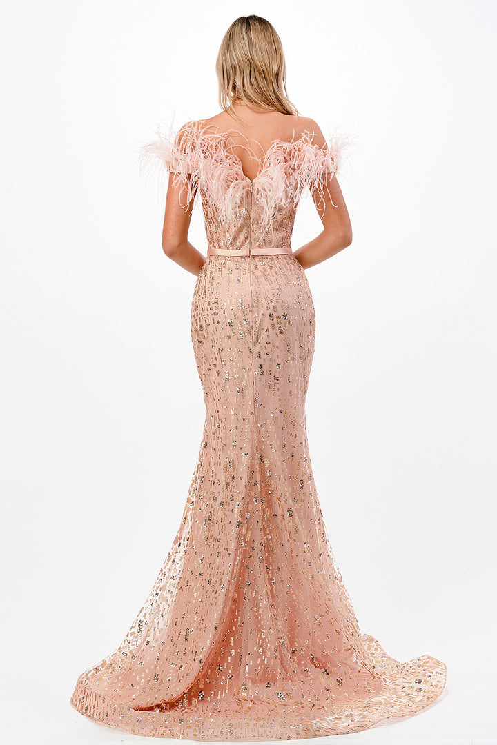 CINDERELLA DIVINE CB082 Off-Shoulder Feather Gown