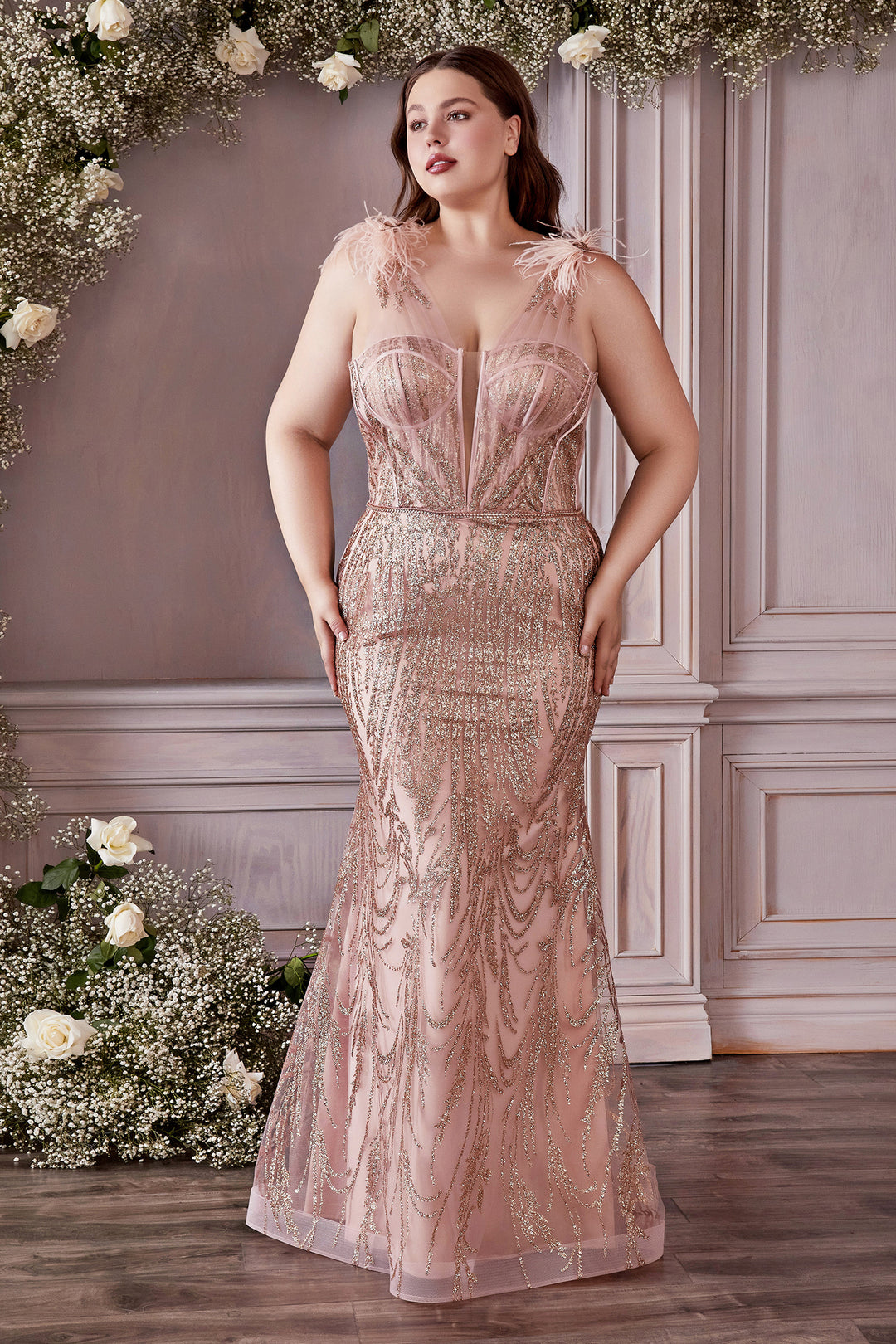 CINDERELLA DIVINE CB087C Plus Size Fitted Glitter Feather Gown