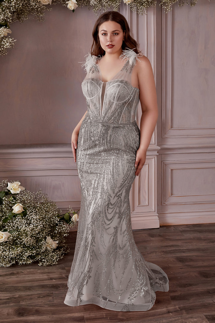 CINDERELLA DIVINE CB087C Plus Size Fitted Glitter Feather Gown