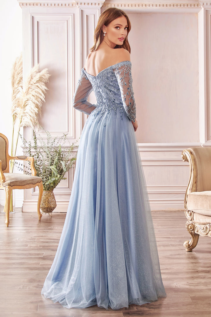 CINDERELLA DIVINE CD0172 Off-Shoulder Beaded A-Line Tulle Gown