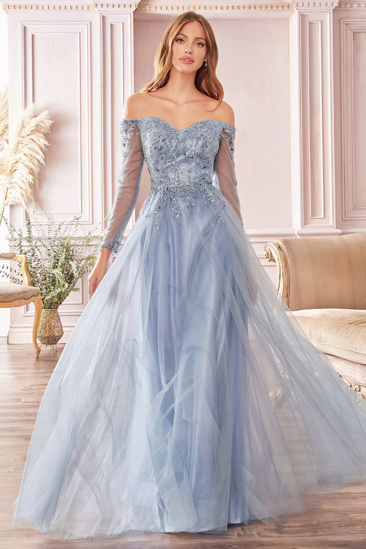 CINDERELLA DIVINE CD0172 Off-Shoulder Beaded A-Line Tulle Gown