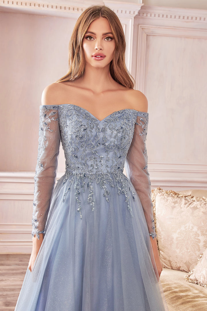 CINDERELLA DIVINE CD0172 Off-Shoulder Beaded A-Line Tulle Gown