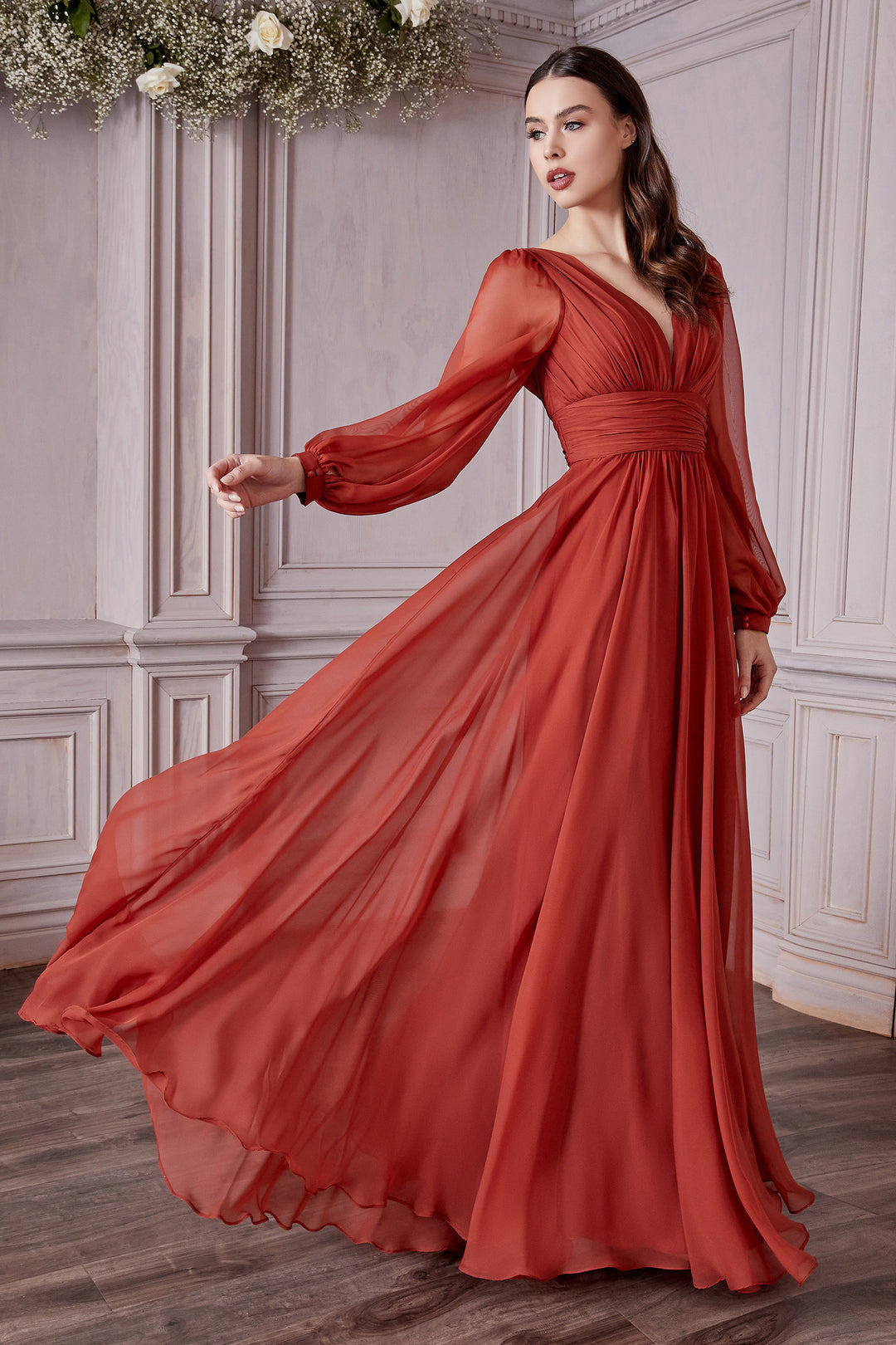 CINDERELLA DIVINE CD0192 Long Sleeve Chiffon Gown