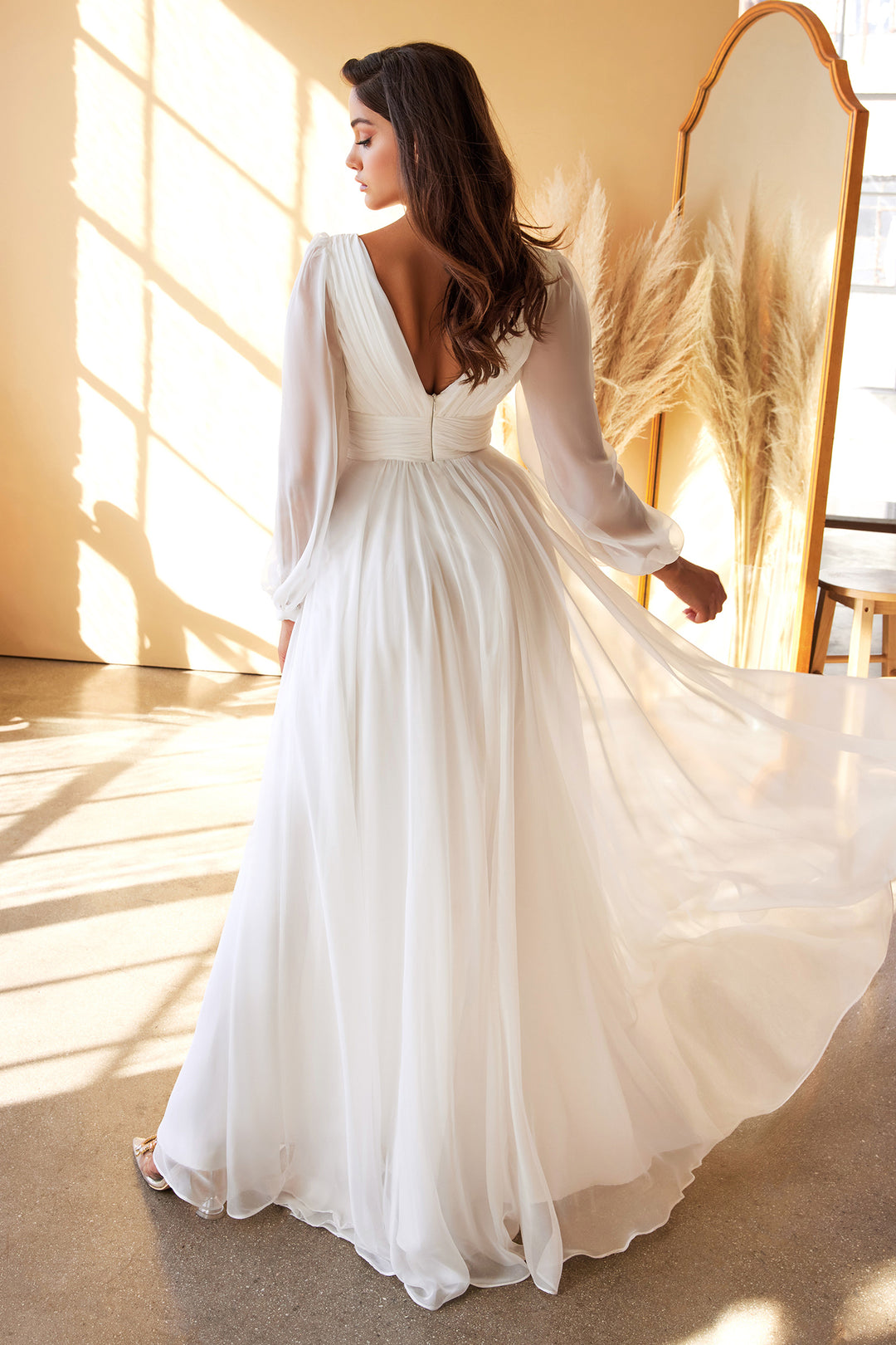 CINDERELLA DIVINE CD0192W Chiffon Long Sleeve A-Line Bridal Gown