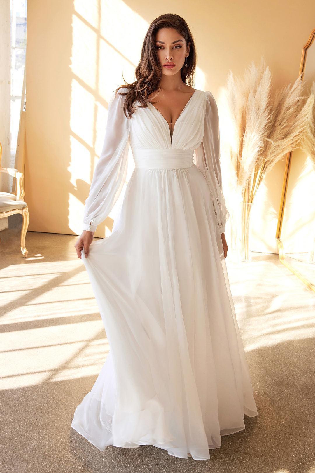 CINDERELLA DIVINE CD0192W Chiffon Long Sleeve A-Line Bridal Gown