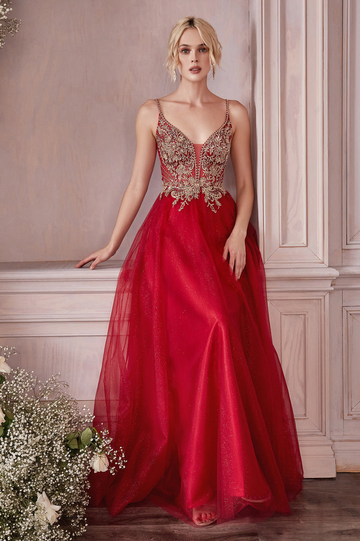 CINDERELLA DIVINE CD0195 A-Line Embellished Lace Tulle Gown