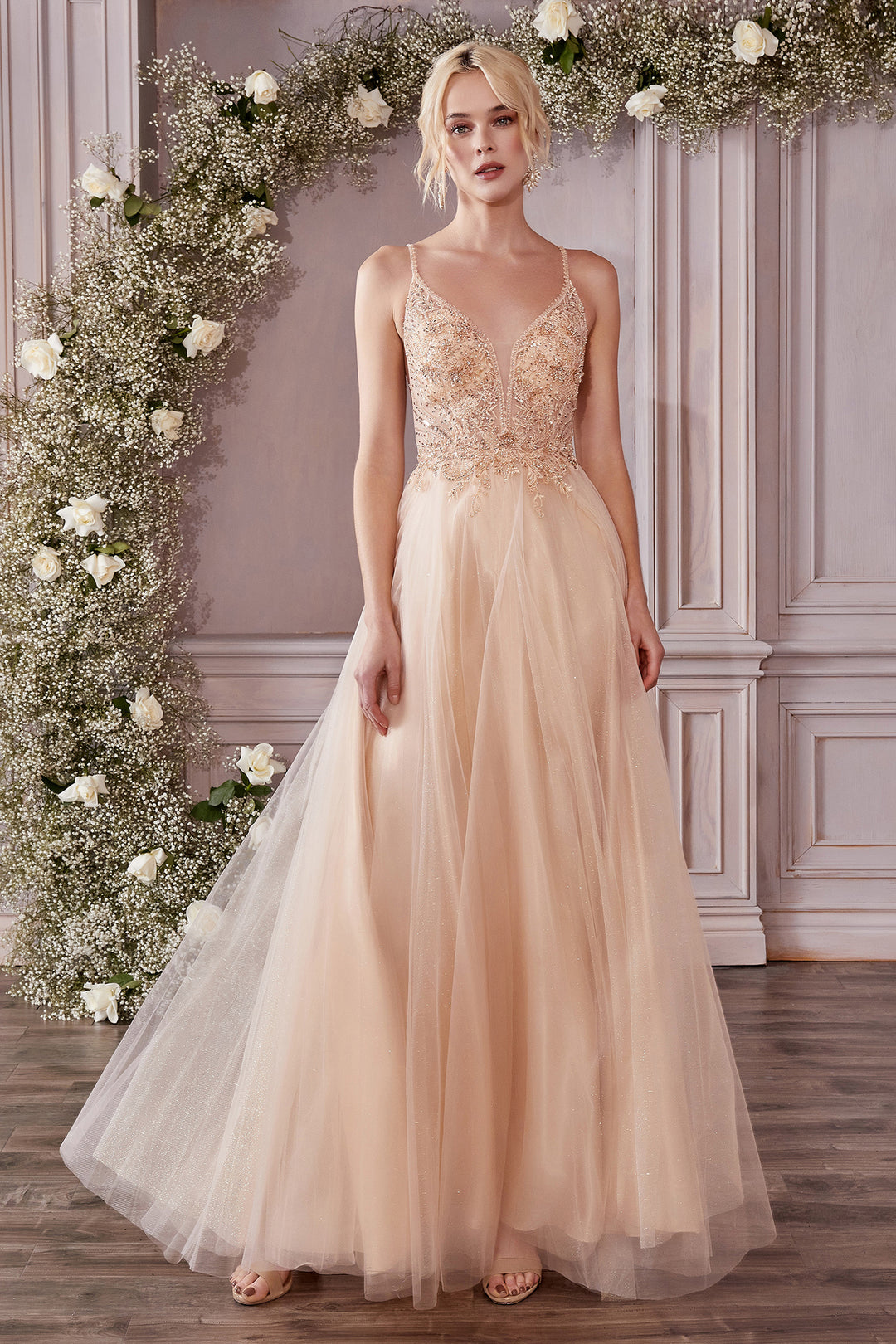 CINDERELLA DIVINE CD0195 A-Line Embellished Lace Tulle Gown