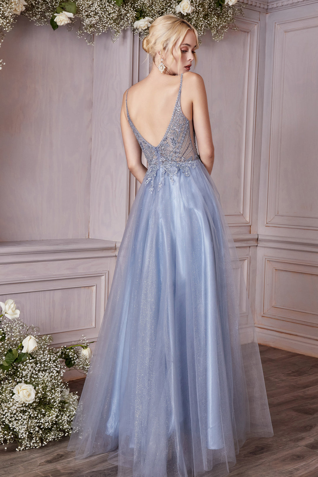 CINDERELLA DIVINE CD0195 A-Line Embellished Lace Tulle Gown