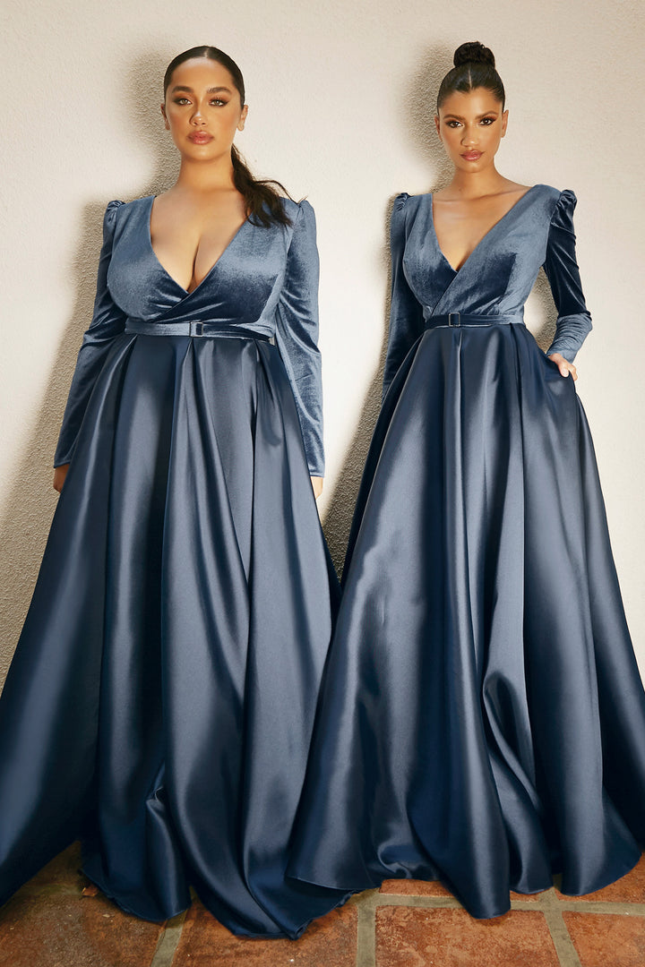 CINDERELLA DIVINE CD226C Plus Size Long Sleeve V-Neck Gown