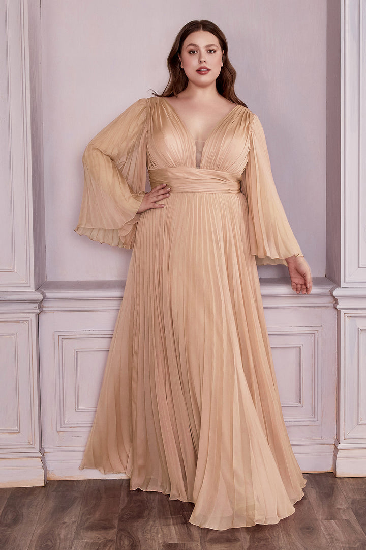 CINDERELLA DIVINE CD242C Plus Size Pleated Long Sleeve Chiffon Gown