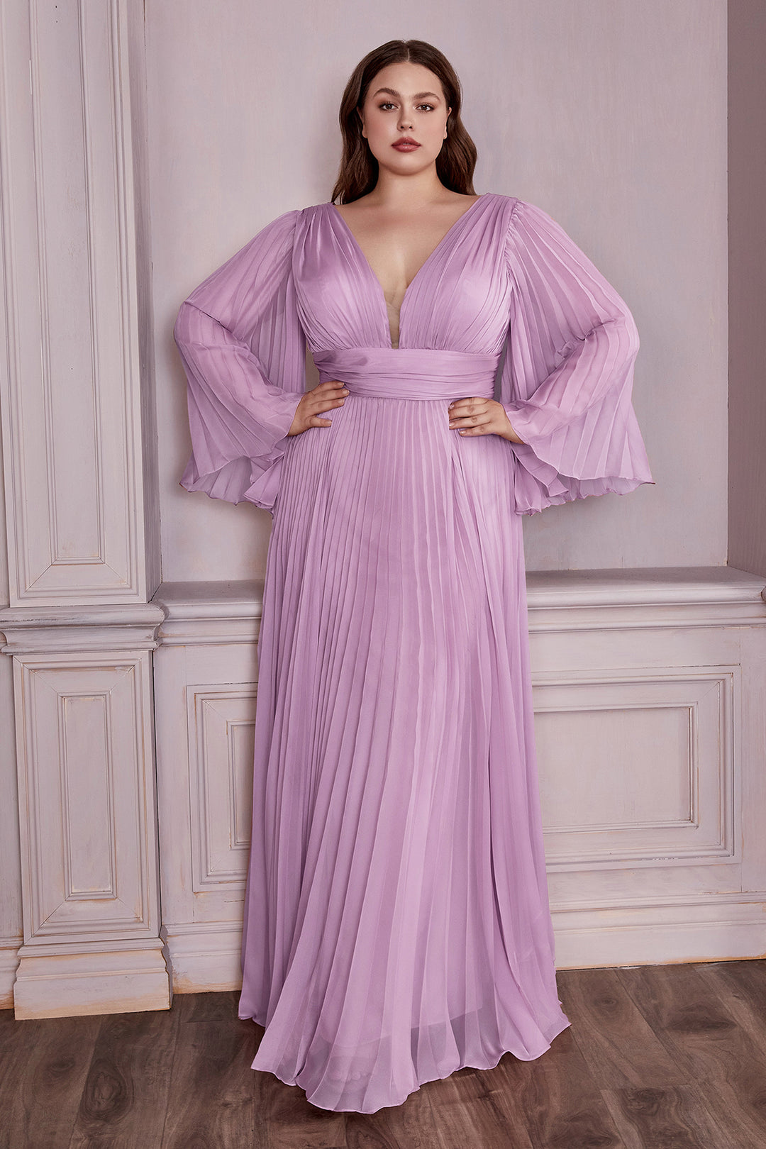 CINDERELLA DIVINE CD242C Plus Size Pleated Long Sleeve Chiffon Gown