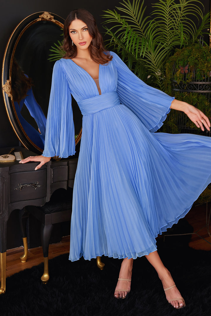 CINDERELLA DIVINE CD242S Pleated Long Sleeve Tea Length Chiffon Gown