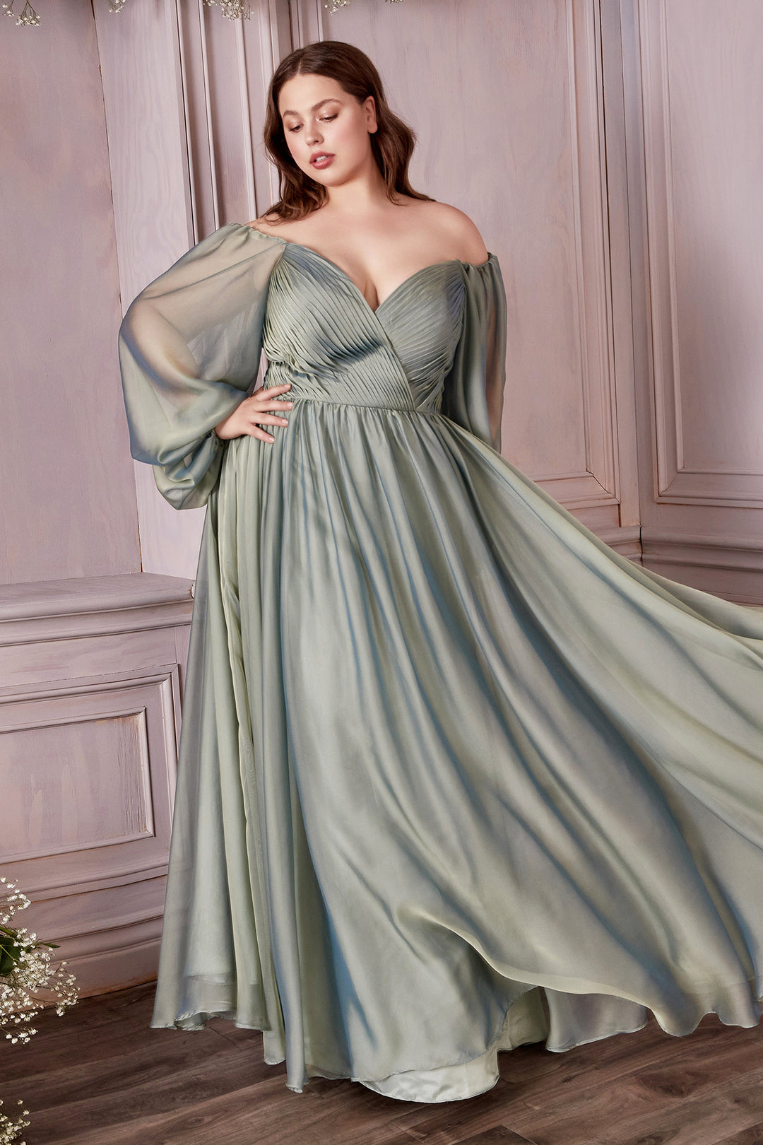 CINDERELLA DIVINE CD243C Plus Size A-Line Long Sleeve Chiffon Gown