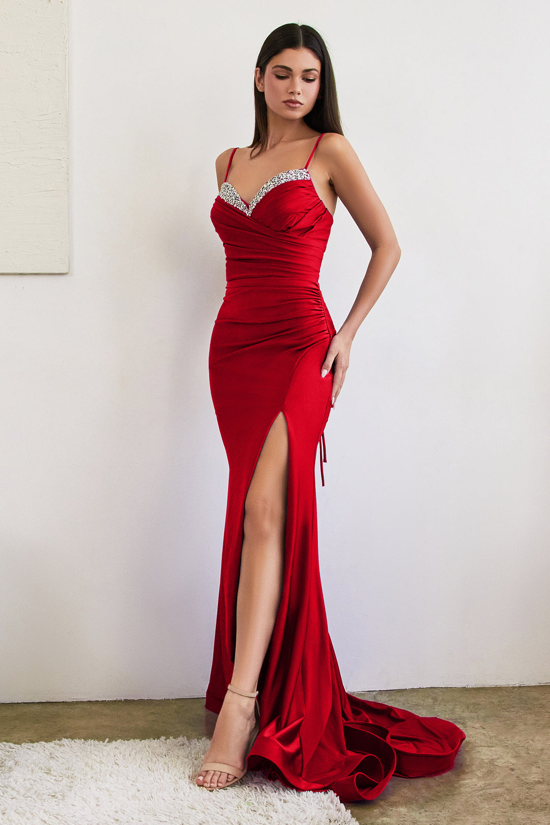 CINDERELLA DIVINE CD888 Fitted Beaded Stretch Satin Gown with Slit