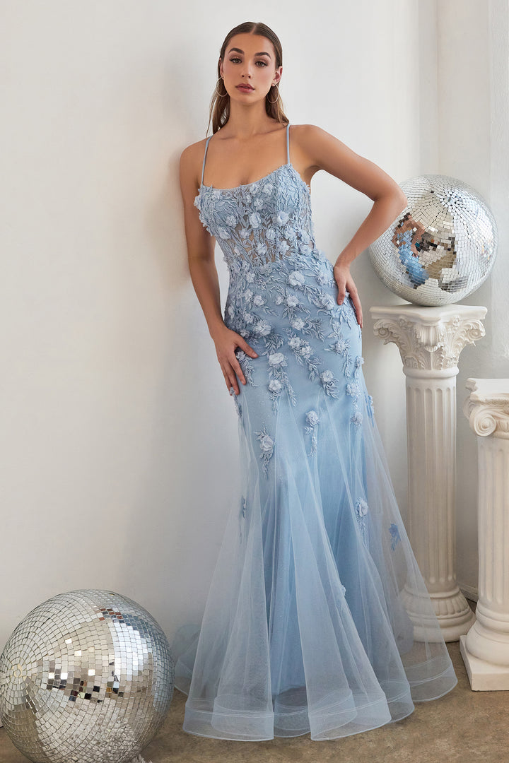 CINDERELLA DIVINE CD995 Fitted 3D Floral Applique Tulle Dress