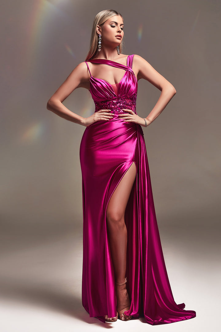 CINDERELLA DIVINE CDS415 Fitted Luxurious Satin Waistline Lace Gown