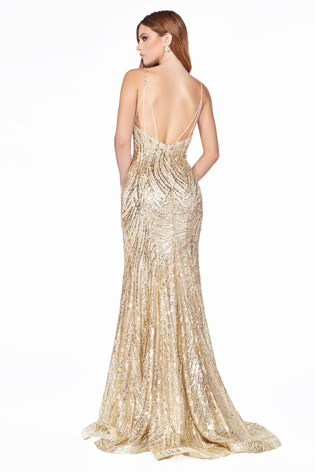 CINDERELLA DIVINE CR844 Plunging V-Neckline Glitter Mermaid Gown
